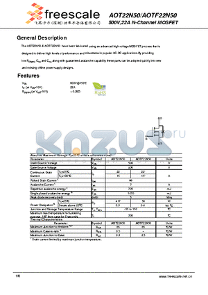 AOTF22N50 datasheet - 500V,22A N-Channel MOSFET