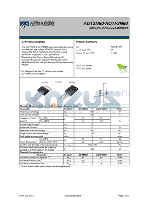 AOTF2N60 datasheet - 600V,2A N-Channel MOSFET