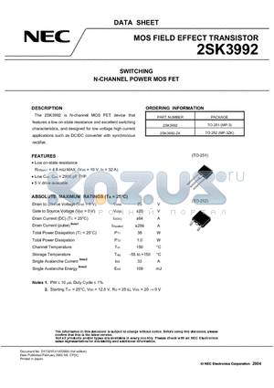 2SK3992-ZK datasheet - SWITCHING N-CHANNEL POWER MOSFET
