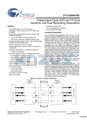 CYV15G0204TRB datasheet - Independent Clock HOTLink II Dual Serializer and Dual Reclocking Deserializer