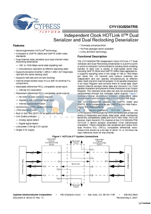 CYV15G0204TRB-BGC datasheet - Independent Clock HOTLink II Dual Serializer and Dual Reclocking Deserializer