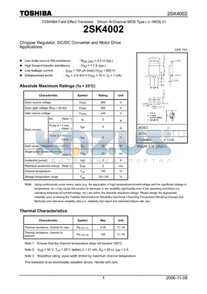 2SK4002 datasheet - Chopper Regulator, DC/DC Converter and Motor Drive Applications