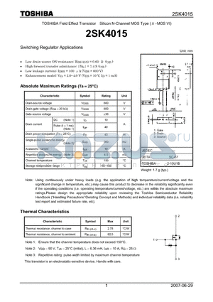 2SK4015 datasheet - Silicon N-Channel MOS Type Switching Regulator Applications