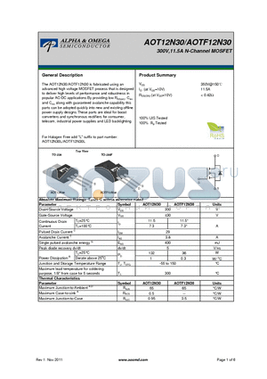 AOTF12N30 datasheet - 300V,11.5A N-Channel MOSFET