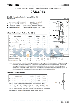 2SK4014 datasheet - DC/DC Converter, Relay Drive and Motor Drive Applications