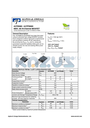 AOTF8N60 datasheet - 600V, 8A N-Channel MOSFET