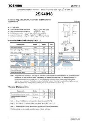 2SK4018 datasheet - Silicon N-Channel MOS Type Chopper Regulator, DC/DC Converter and Motor Drive Applications