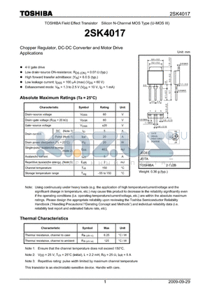 2SK4017 datasheet - Chopper Regulator, DC-DC Converter and Motor Drive Applications