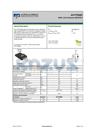 AOTF9N90 datasheet - 900V, 9A N-Channel MOSFET