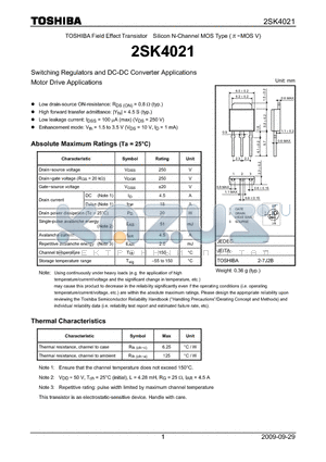 2SK4021 datasheet - Switching Regulators and DC-DC Converter Applications