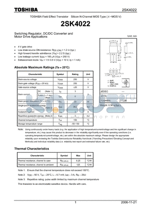 2SK4022 datasheet - Switching Regulator, DC/DC Converter and Motor Drive Applications