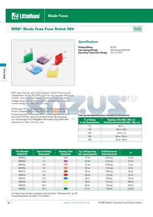 0997015 datasheet - MINI^ Blade Fuse Fuse Rated 58V