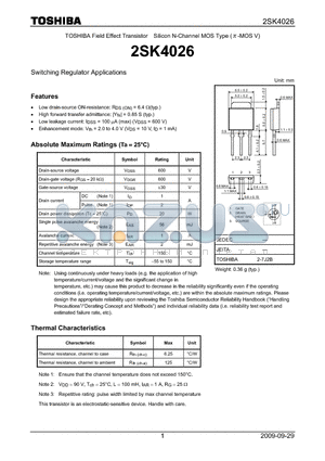 2SK4026 datasheet - Switching Regulator Applications