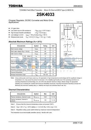 2SK4033 datasheet - Chopper Regulator, DC/DC Converter and Motor Drive Applications