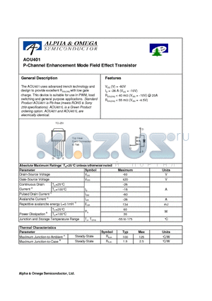 AOU401 datasheet - P-Channel Enhancement Mode Field Effect Transistor