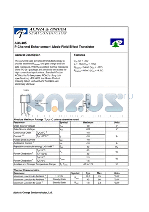 AOU405 datasheet - P-Channel Enhancement Mode Field Effect Transistor