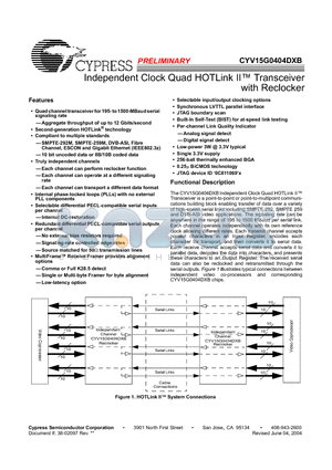 CYV15G0404DXB datasheet - Independent Clock Quad HOTLink II Transceiver with Reclocker