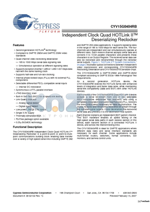 CYV15G0404RB-BGXC datasheet - Independent Clock Quad HOTLink II Deserializing Reclocker