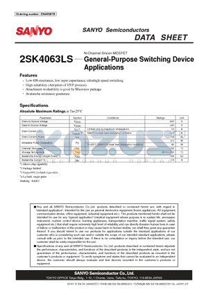 2SK4063LS datasheet - N-Channel Silicon MOSFET General-Purpose Switching Device