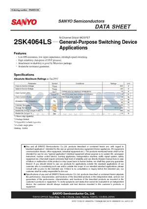 2SK4064LS datasheet - N-Channel Silicon MOSFET General-Purpose Switching Device