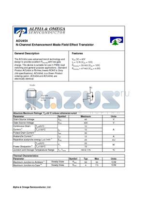 AOU454 datasheet - N-Channel Enhancement Mode Field Effect Transistor