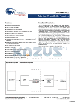 CYV270M0104EQ datasheet - Adaptive Video Cable Equalizer