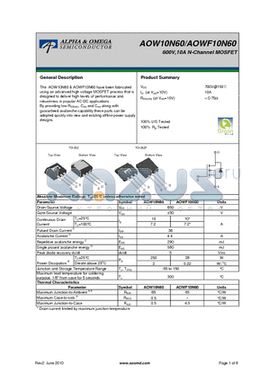 AOW10N60 datasheet - 600V,10A N-Channel MOSFET