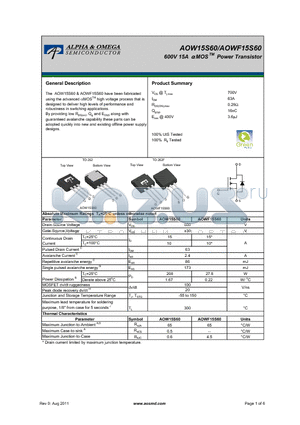 AOW15S60 datasheet - 600V 15A a MOS POWER Transistor