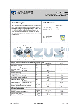 AOW11N60 datasheet - 600V,11A N-Channel MOSFET