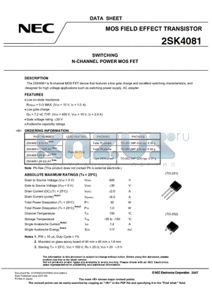 2SK4081-ZK-E1-AY datasheet - SWITCHING N-CHANNEL POWER MOS FET