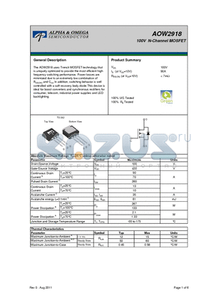 AOW2918 datasheet - 100V N-Channel MOSFET