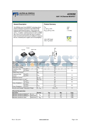 AOW298 datasheet - 100V N-Channel MOSFET