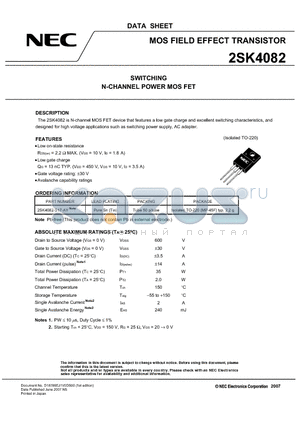 2SK4082 datasheet - SWITCHING N-CHANNEL POWER MOS FET