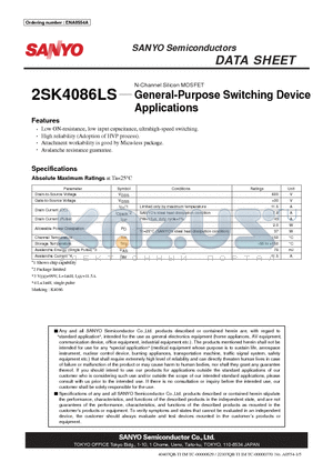 2SK4086LS datasheet - N-Channel Silicon MOSFET General-Purpose Switching Device Applications