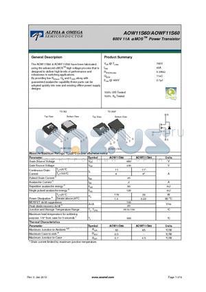 AOWF11S60 datasheet - 600V 11A a MOS TM Power Transistor