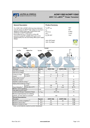 AOWF11S65 datasheet - 650V 11A a MOS TM Power Transistor