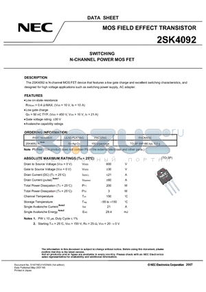 2SK4092 datasheet - SWITCHING N-CHANNEL POWER MOS FET