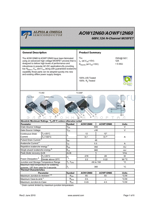 AOWF12N60 datasheet - 600V,12A N-Channel MOSFET