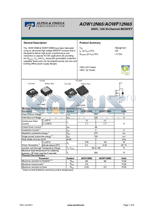 AOWF12N65 datasheet - 650V, 12A N-Channel MOSFET