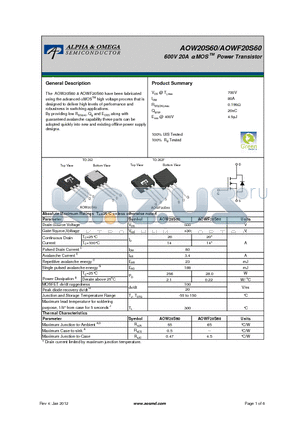 AOWF20S60 datasheet - 600V 20A a MOS TM Power Transistor