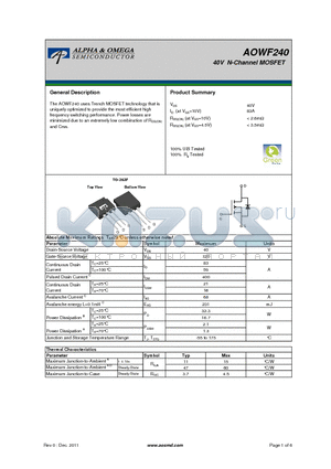 AOWF240 datasheet - 40V N-Channel MOSFET