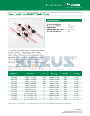 0FHJ1001G datasheet - Inline Holder for JCASE Style Fuses