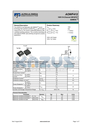 AOWF412 datasheet - 100V N-Channel MOSFET