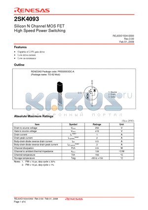 2SK4093TZ-E datasheet - Silicon N Channel MOS FET High Speed Power Switching