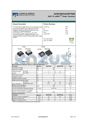 AOWF7S60 datasheet - 600V 7A a MOS TM Power Transistor