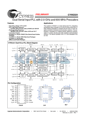 CYW2331 datasheet - Dual Serial Input PLL with 2.0-GHz and 600-MHz Prescalers