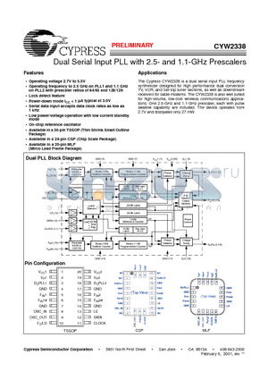 CYW2338 datasheet - Dual Serial Input PLL with 2.5- and 1.1-GHz Prescalers