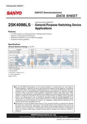 2SK4098LS datasheet - N-Channel Silicon MOSFET General-Purpose Switching Device Applications