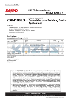 2SK4100LS datasheet - N-Channel Silicon MOSFET General-Purpose Switching Device