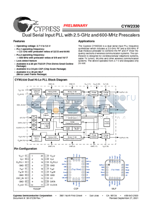 CYW2330 datasheet - Dual Serial Input PLL with 2.5-GHz and 600-MHz Prescalers